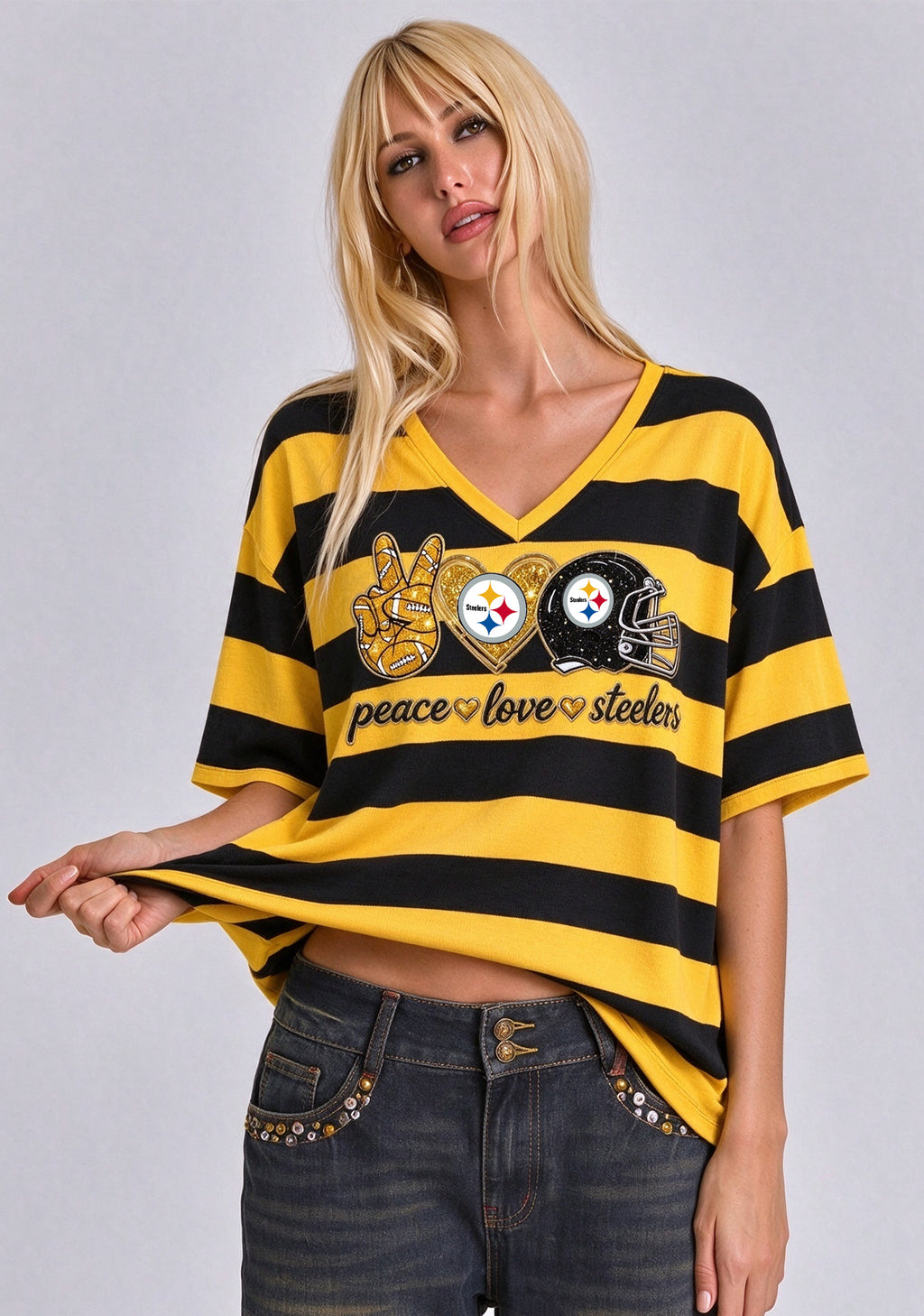 Women's Peace Love Pittsburgh Steelers Football Striped V Neck T-Shirt