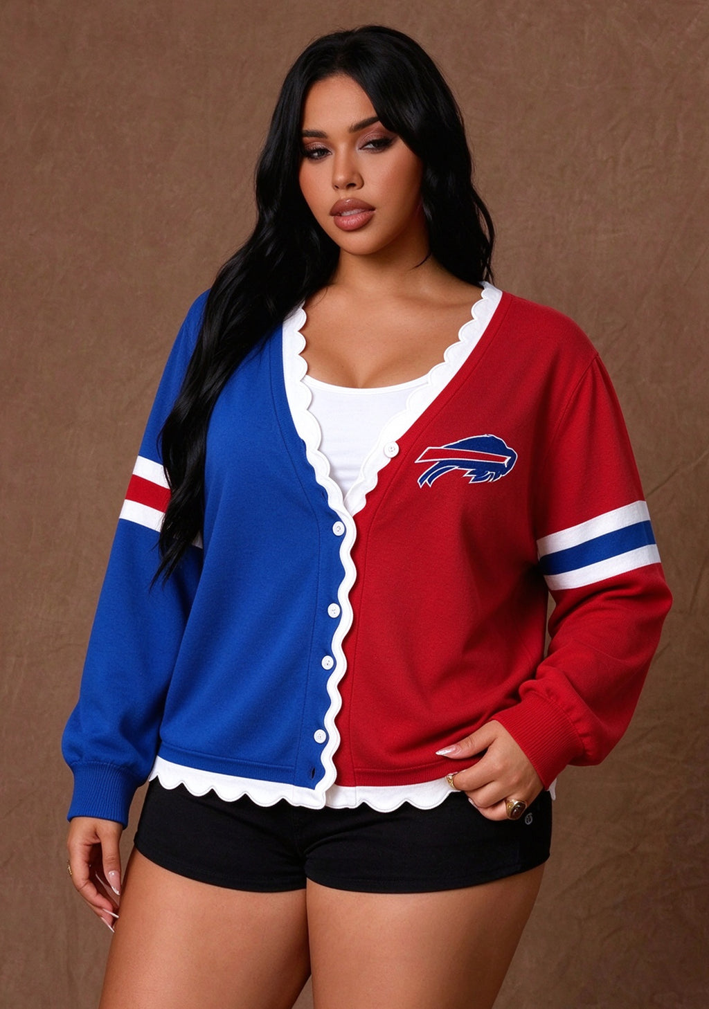Women's Buffalo Bills Color Block Scalloped Trim V-Neck Button Cardigan