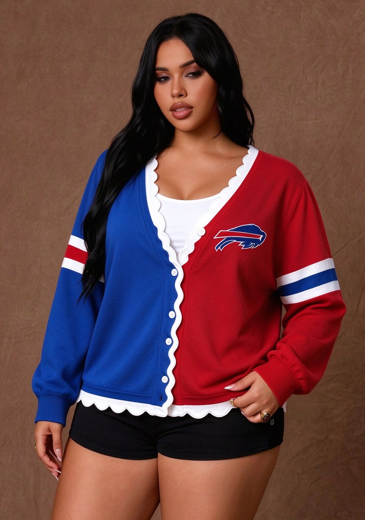 Women's Buffalo Bills Color Block Scalloped Trim V-Neck Button Cardigan