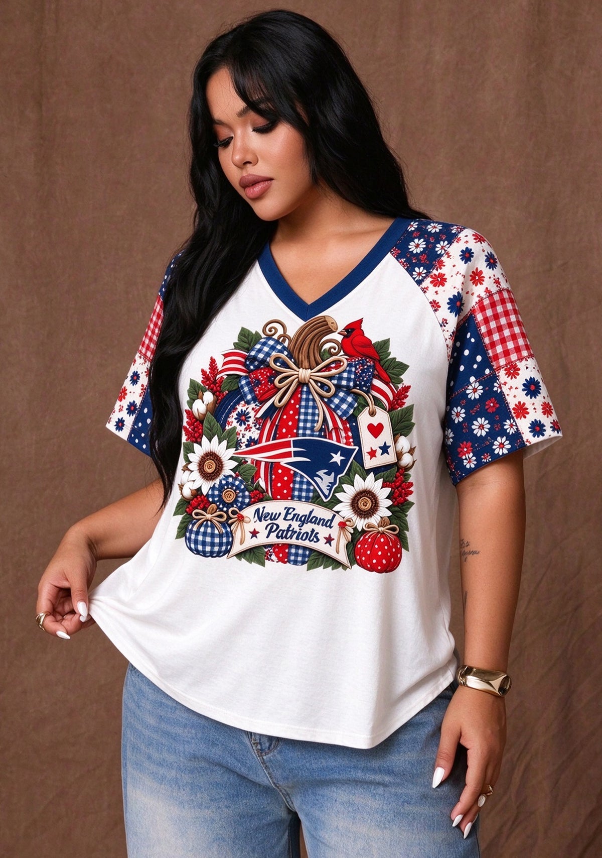 Women's New England Patriots Patchwork Sleeve V-Neck Raglan T-Shirt