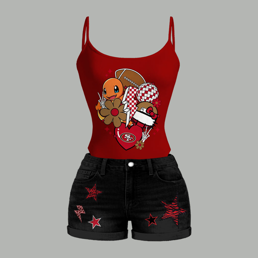 San Francisco 49ers X Pokémon Bodysuit  & Stretch Black Denim Shorts Two-Piece Set