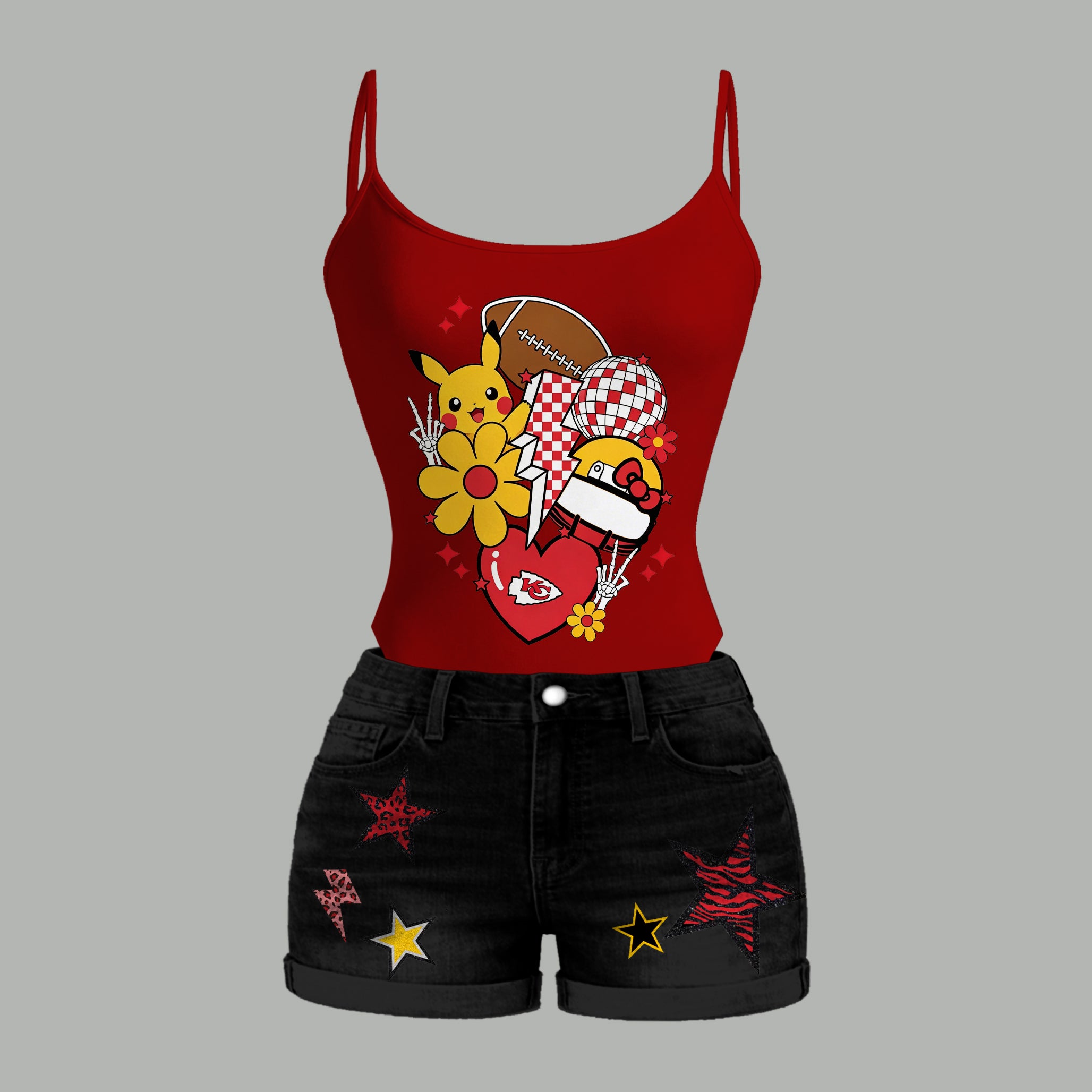 Kansas City Chiefs X Pokémon Bodysuit  & Stretch Black Denim Shorts Two-Piece Set Main image