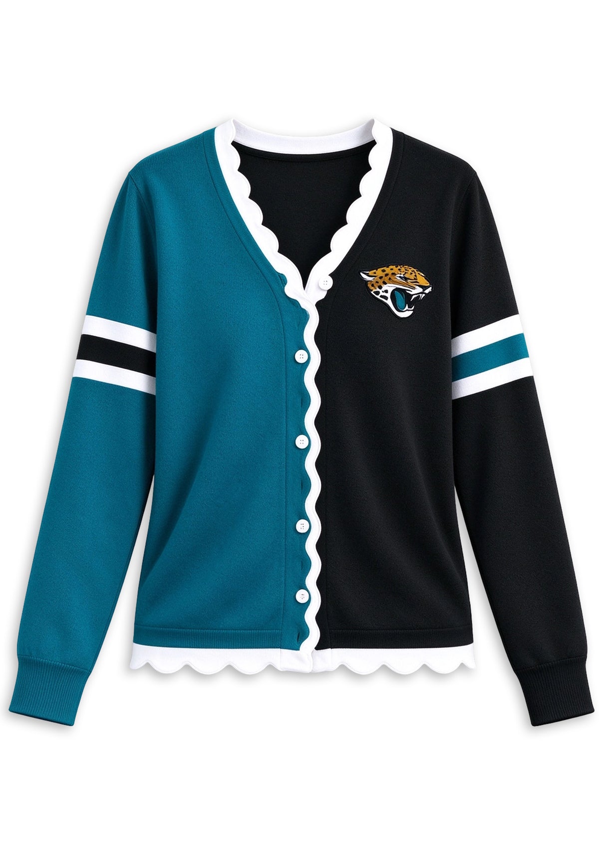 Women's Jacksonville Jaguars Color Block Scalloped Trim V-Neck Button Cardigan