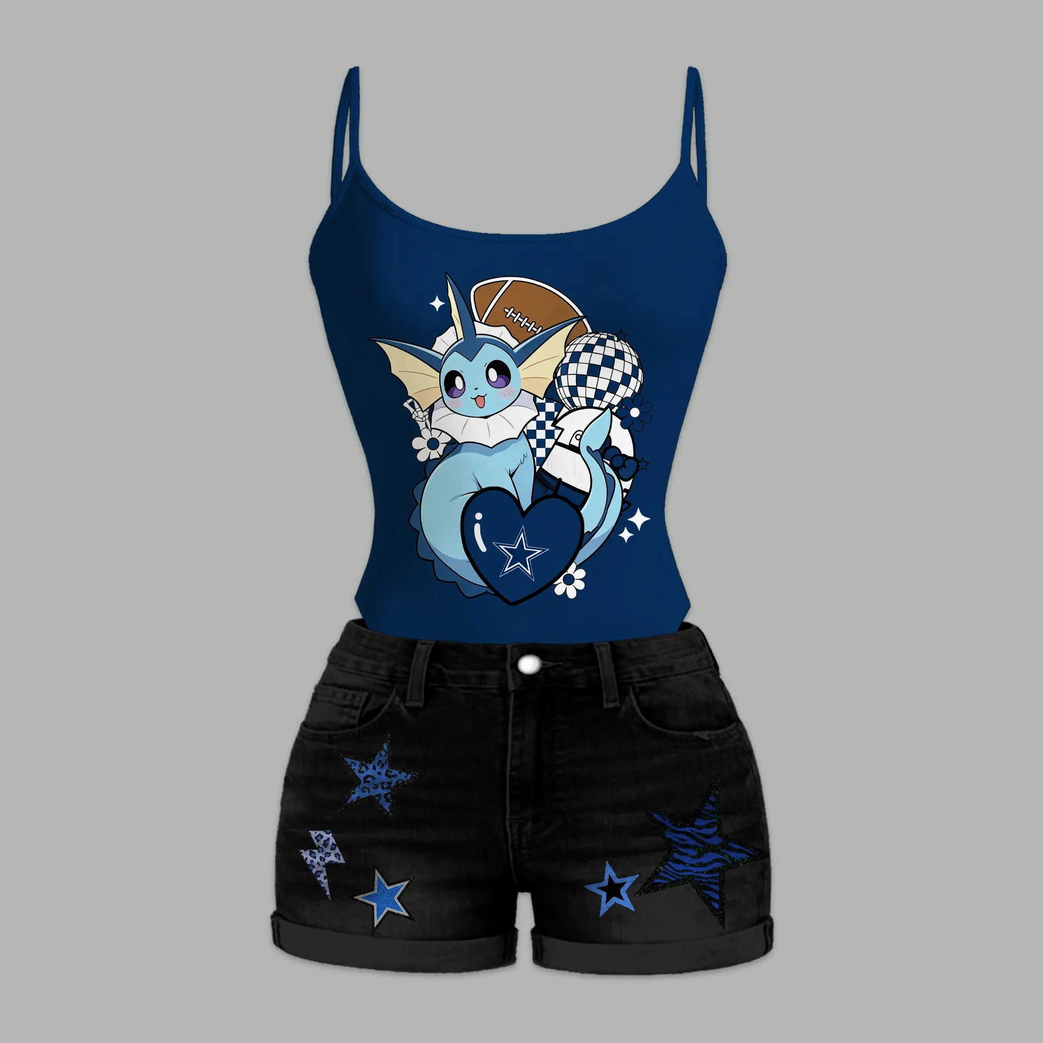 Dallas Cowboys X Pokémon Bodysuit  & Stretch Black Denim Shorts Two-Piece Set Main image