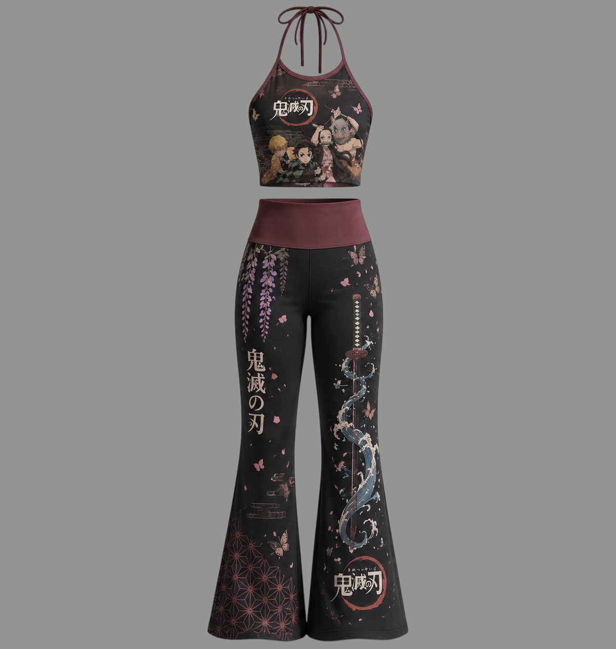 Demon Slayer Halter Crop Top + High Waist Flared Pants Matching 2-Piece Set Main image