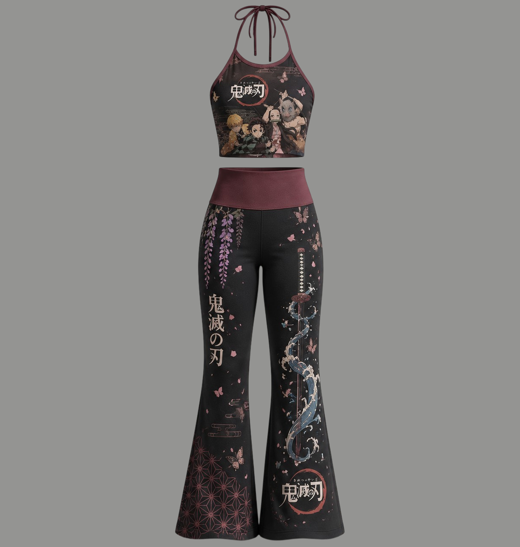 Demon Slayer Halter Crop Top + High Waist Flared Pants Matching 2-Piece Set