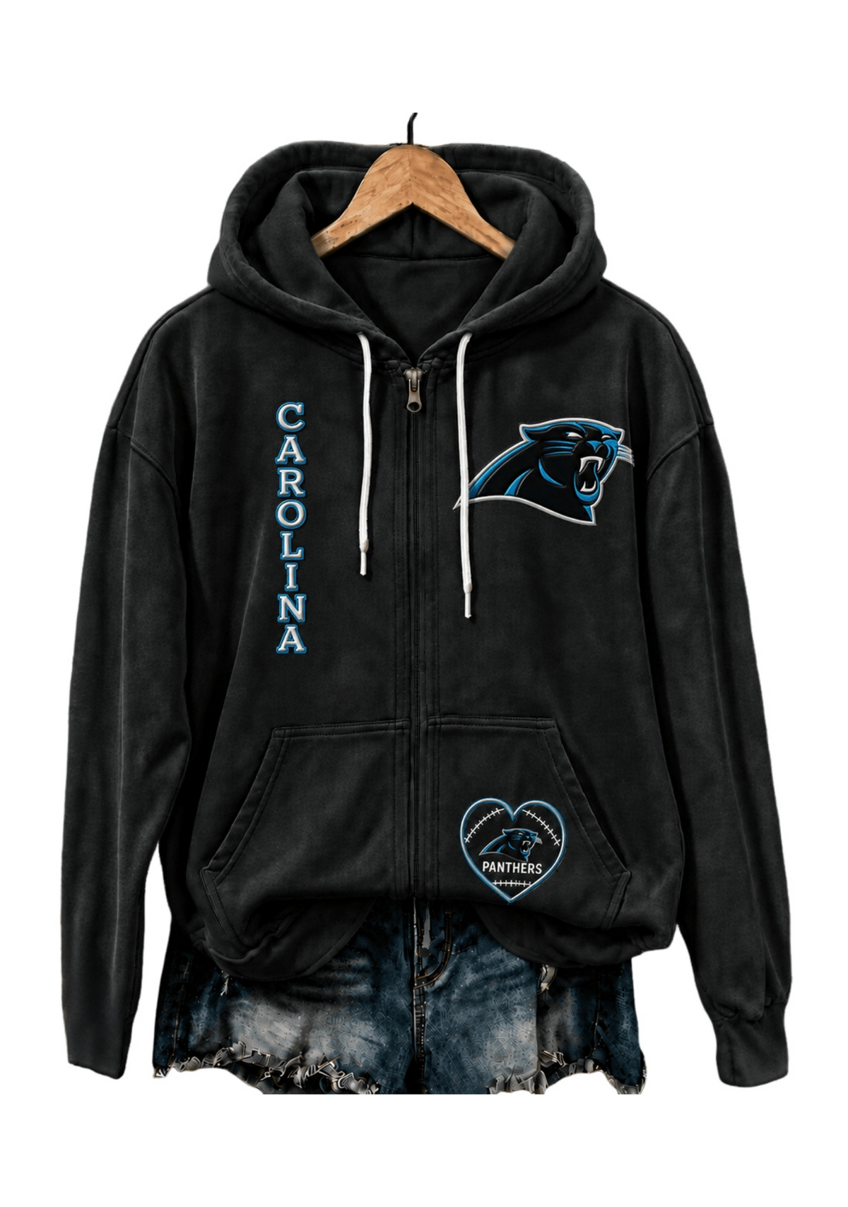 Carolina Panthers Women Heart Football Graphic Zip Up Hoodie