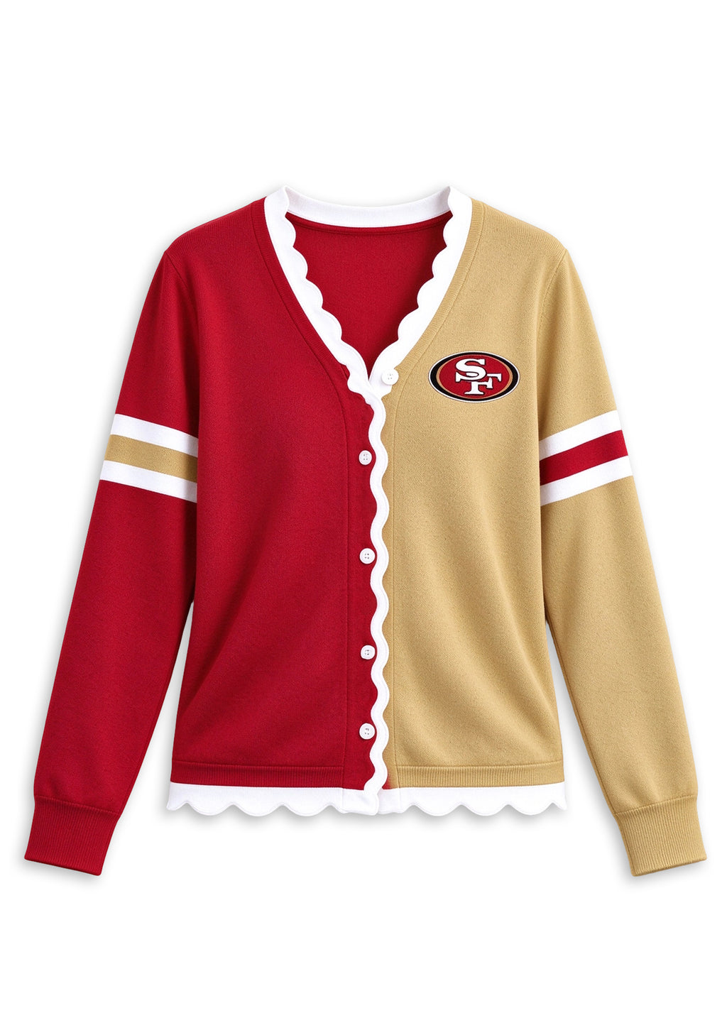 Women's San Francisco 49ers Color Block Scalloped Trim V-Neck Button Cardigan