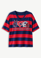 Women's Peace Love New England Patriots Football Striped V Neck T-Shirt