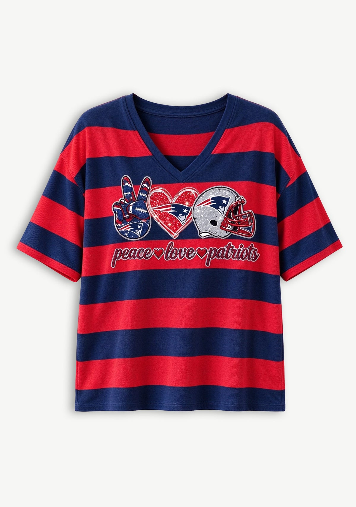 Women's Peace Love New England Patriots Football Striped V Neck T-Shirt