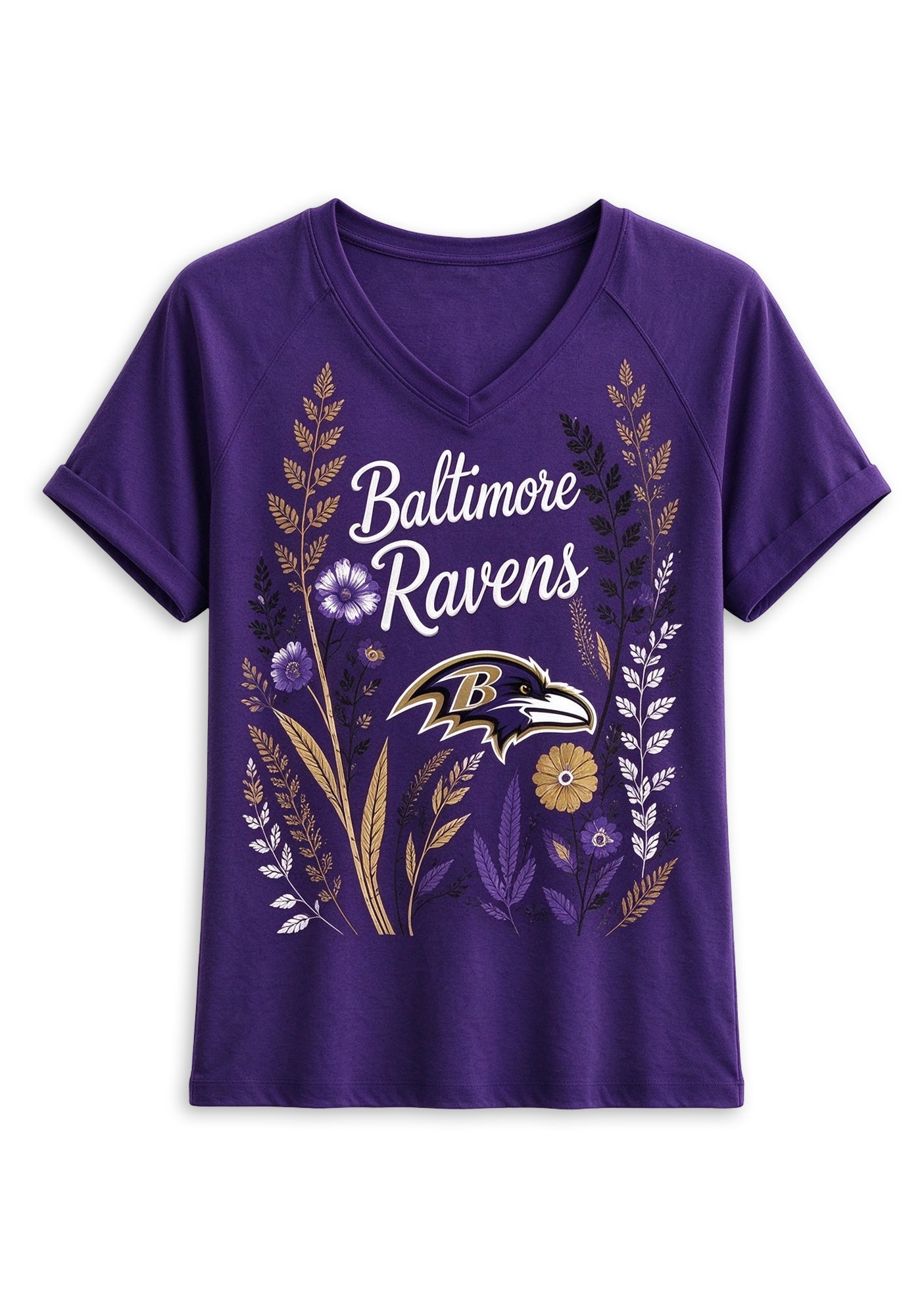 Women's Baltimore Ravens Wildflower Graphic V-Neck Raglan Rolled T-Shirt Secondary image