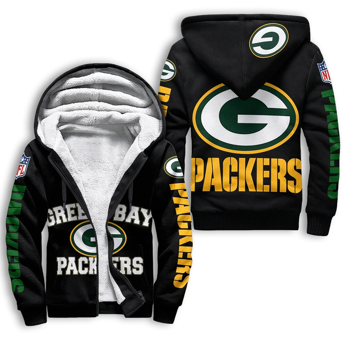 Green Bay Packers Fleece Lined Zip Up Football Fan Hooded Jacket Main image
