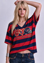 Women's Peace Love Houston Texans Football Striped V Neck T-Shirt