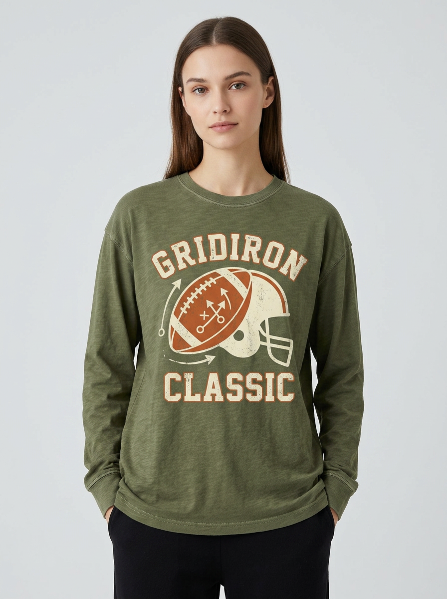 Women's Football Fan Gridiron Classic Helmet Printed Long Sleeve T-Shirt