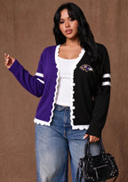 Women's Baltimore Ravens Color Block Scalloped Trim V-Neck Button Cardigan