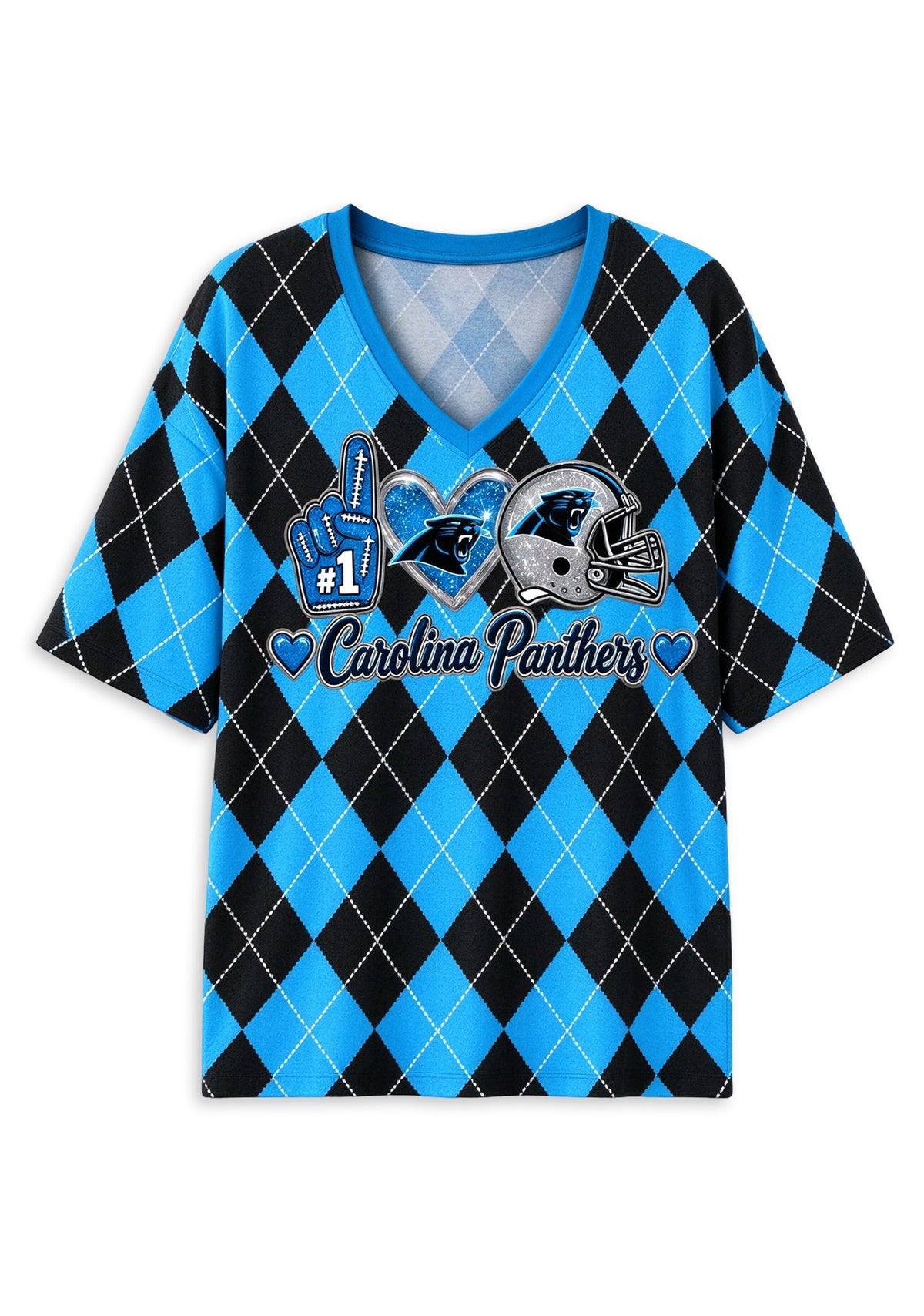 Women's Carolina Panthers Argyle #1 Fan Heart Helmet V-Neck T-Shirt