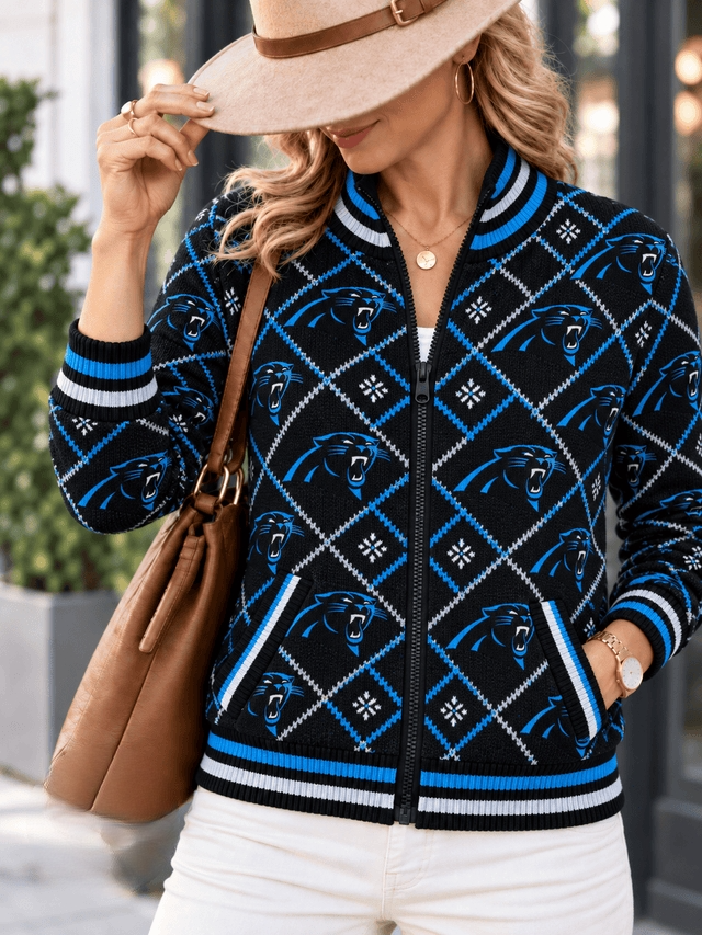 Women's Carolina Panthers Argyle Print Zip Up Varsity Jacket