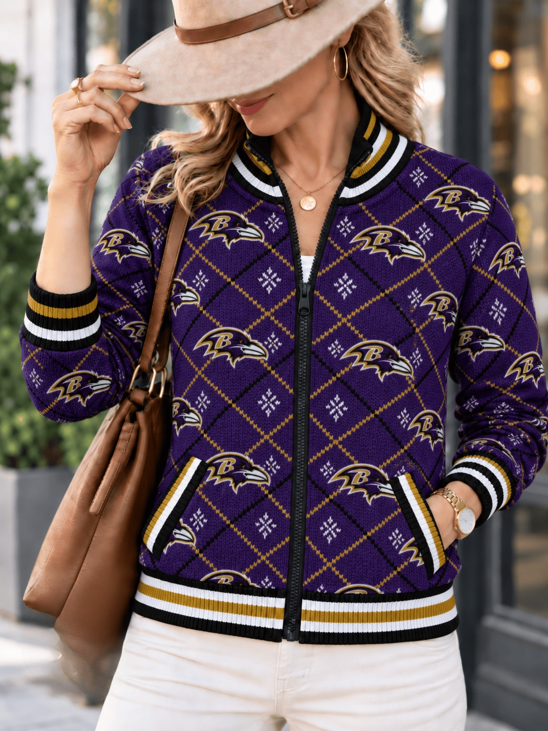 Women's Baltimore Ravens Argyle Print Zip Up Varsity Jacket