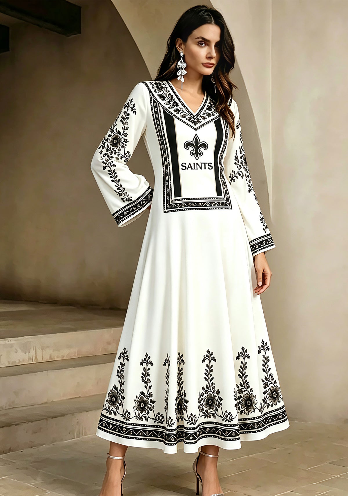 New Orleans Saints Boho Floral Printed Game‑Day Midi Dress