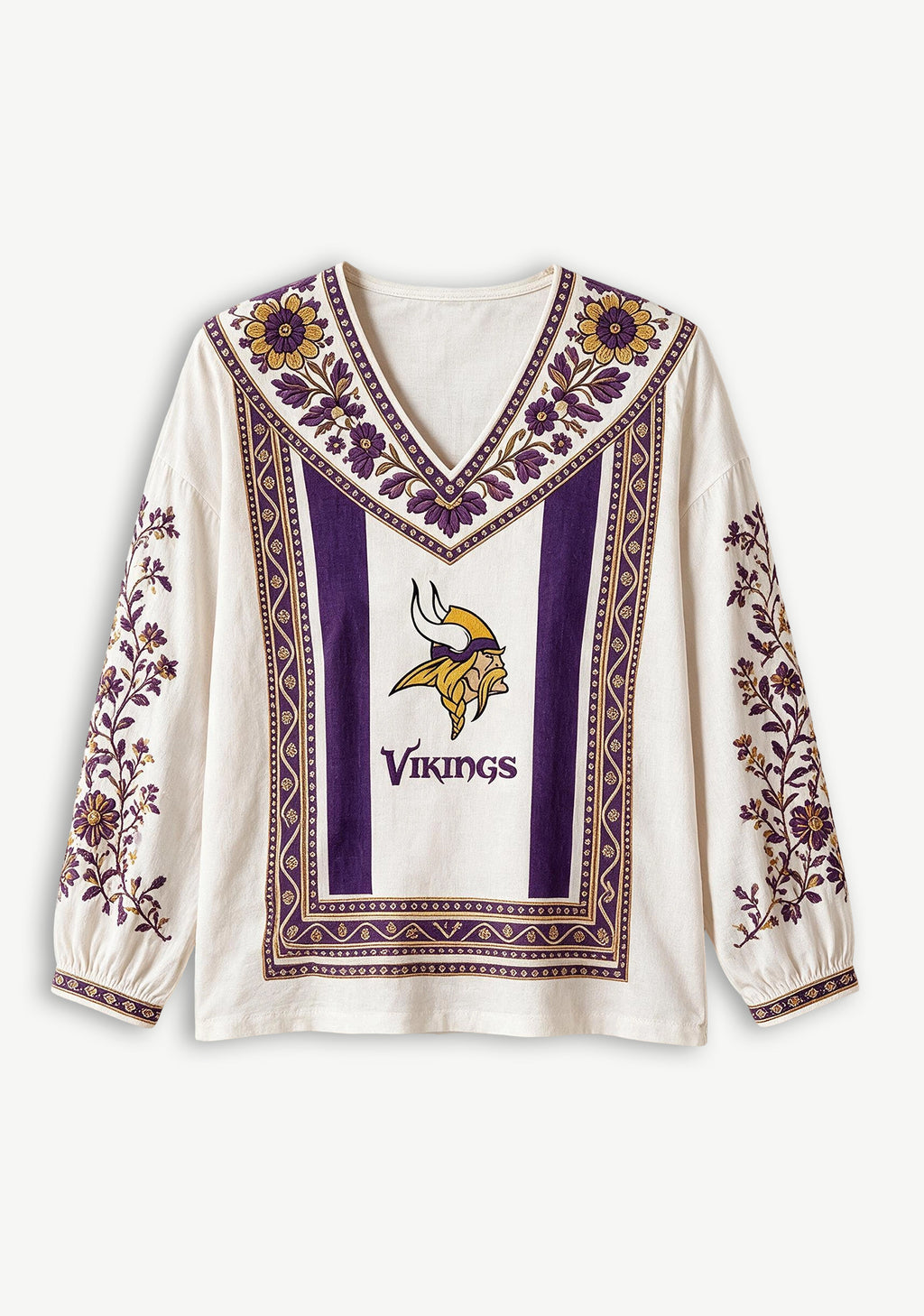 Minnesota Vikings Boho Floral Printed V-Neck Long Sleeve Shirt
