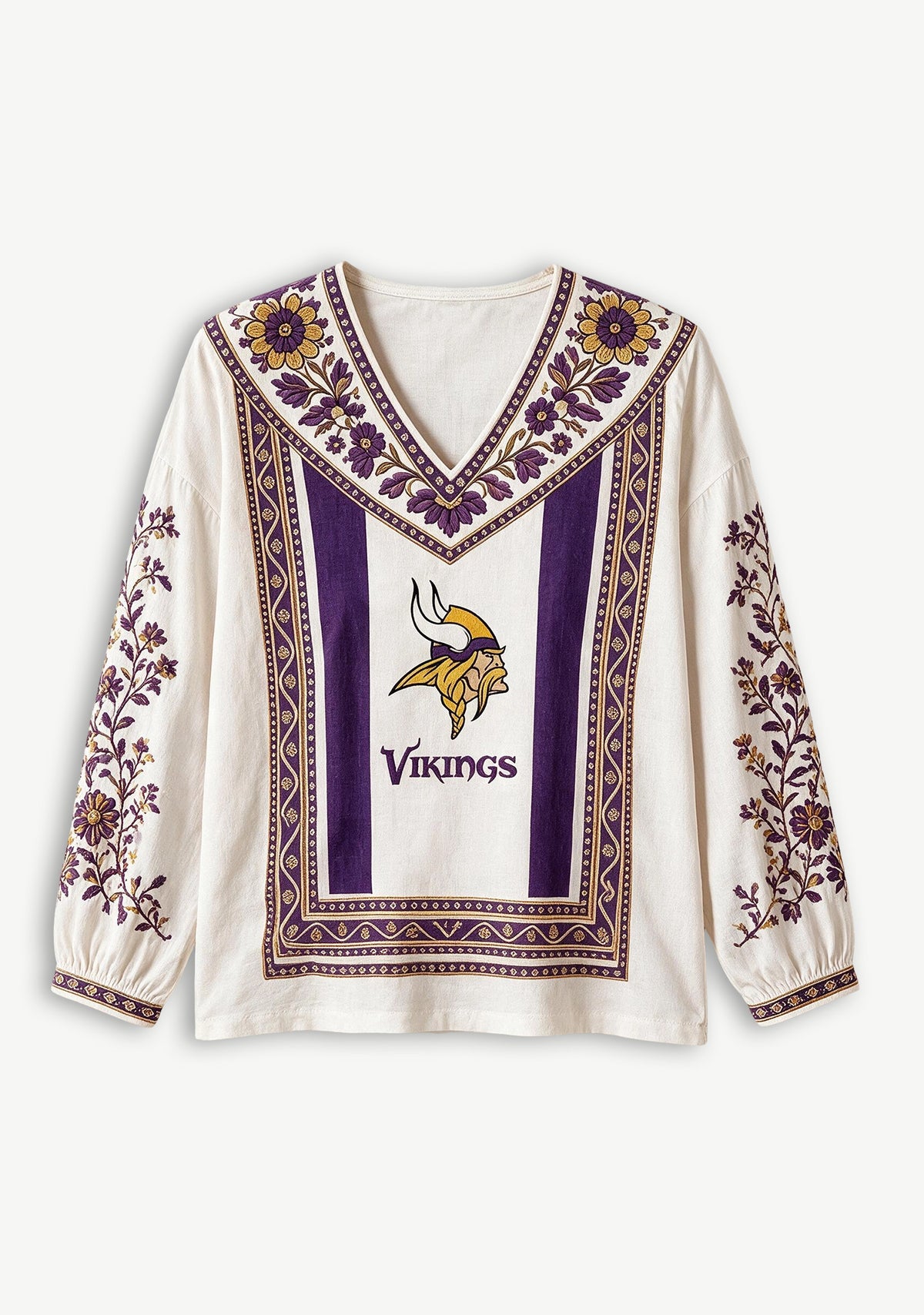 Minnesota Vikings Boho Floral Printed V-Neck Long Sleeve Shirt