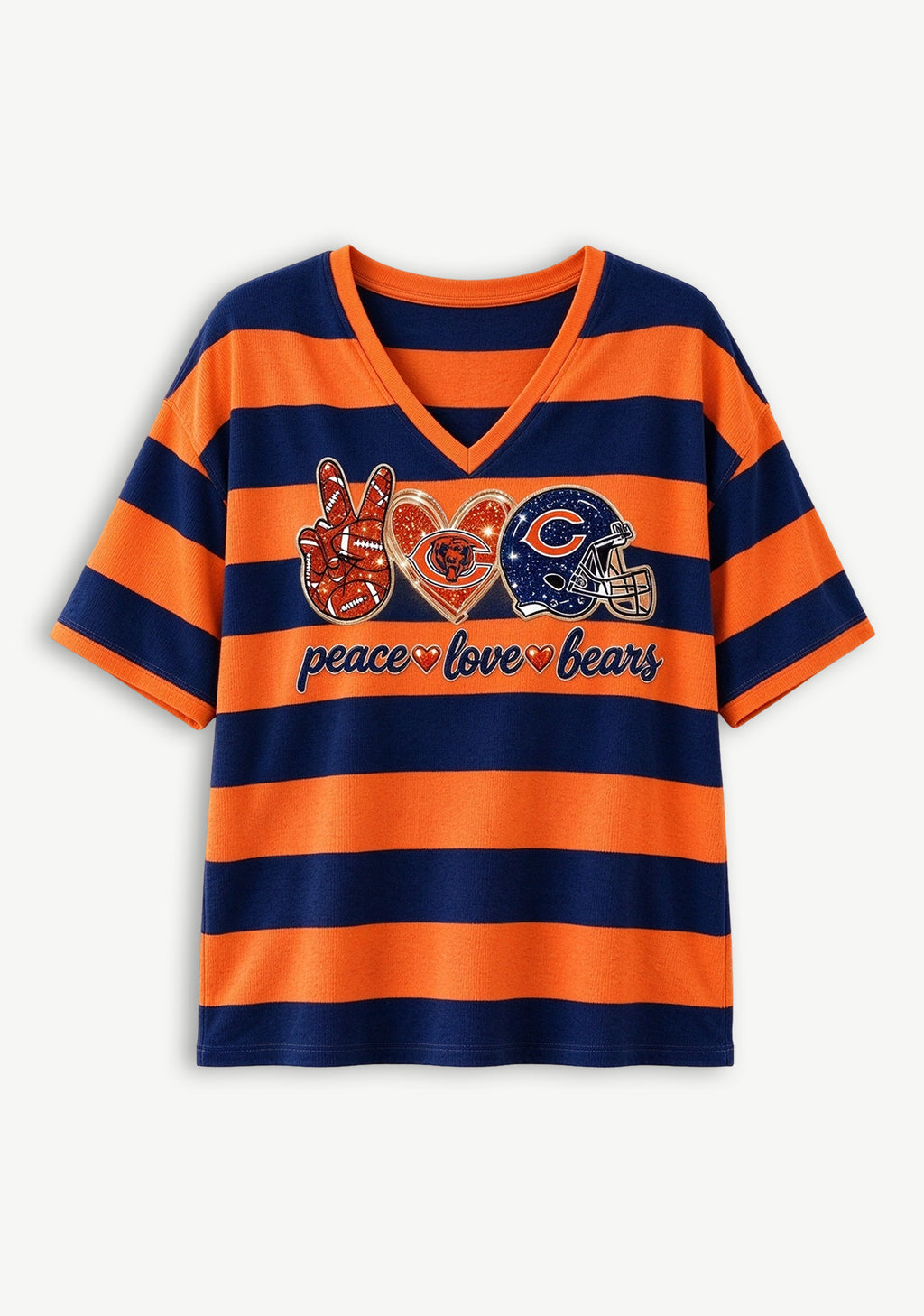 Women's Peace Love Chicago Bears Football Striped V Neck T-Shirt