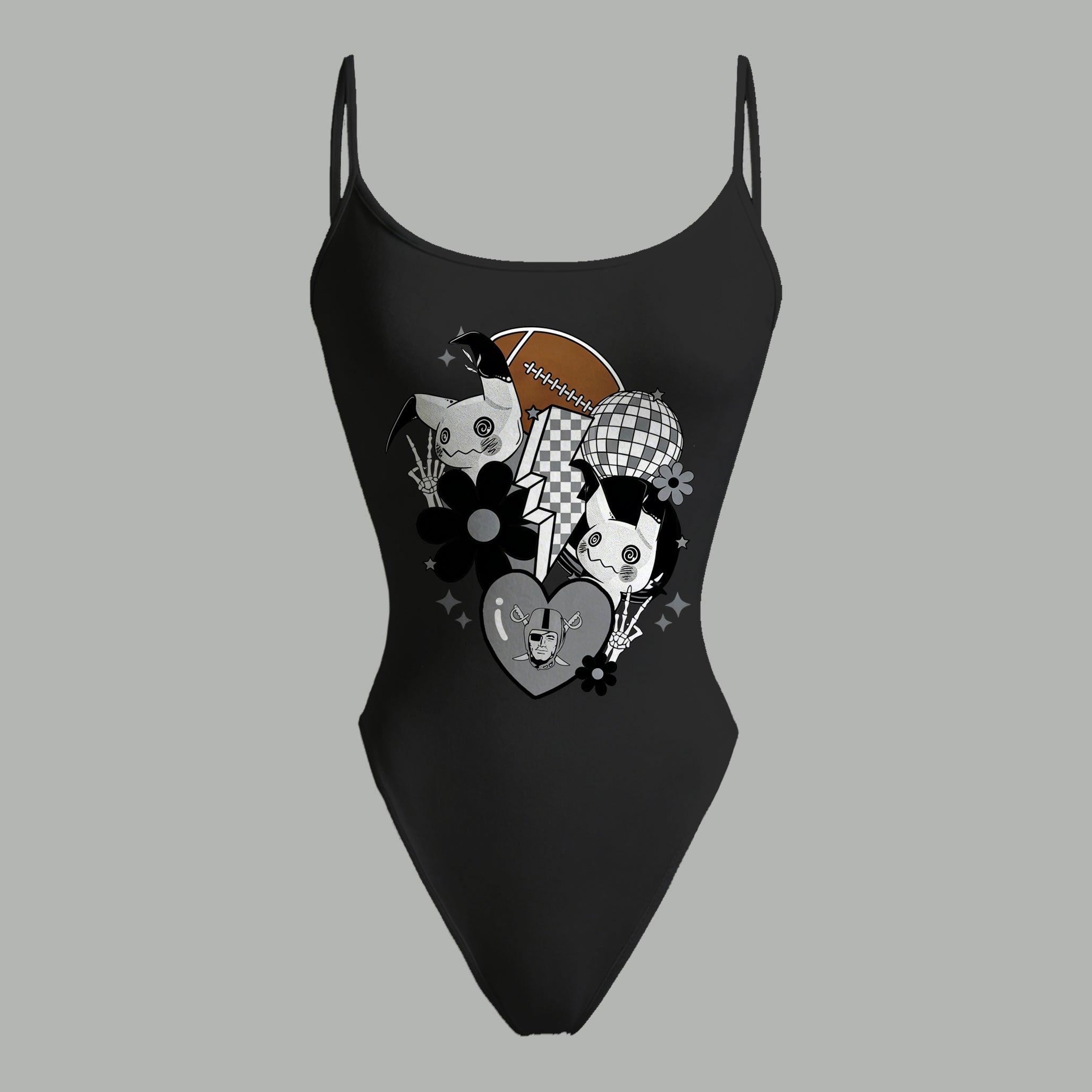 Las Vegas Raiders X Pokémon Bodysuit  & Stretch Black Denim Shorts Two-Piece Set