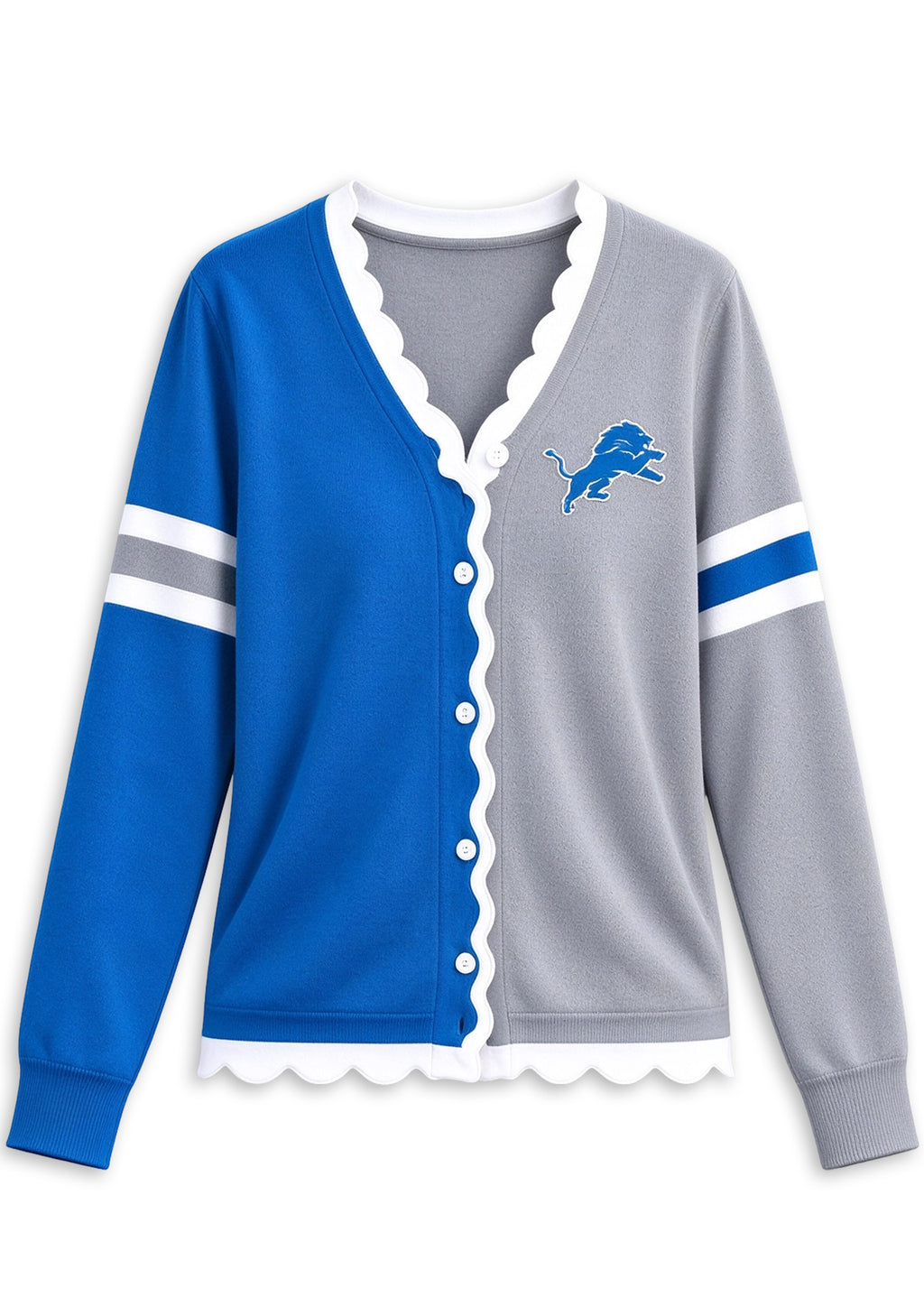 Women's Detroit Lions Color Block Scalloped Trim V-Neck Button Cardigan