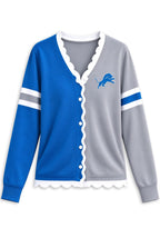 Women's Detroit Lions Color Block Scalloped Trim V-Neck Button Cardigan