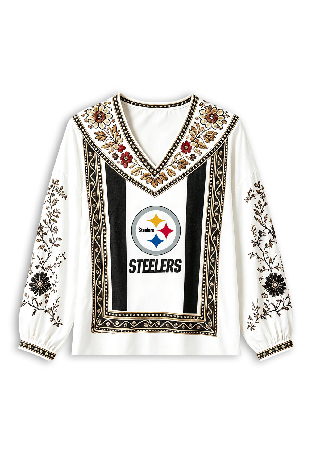 Women's Pittsburgh Steelers Boho Floral Printed V-Neck Long Sleeve Shirt