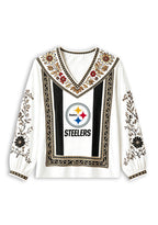 Women's Pittsburgh Steelers Boho Floral Printed V-Neck Long Sleeve Shirt