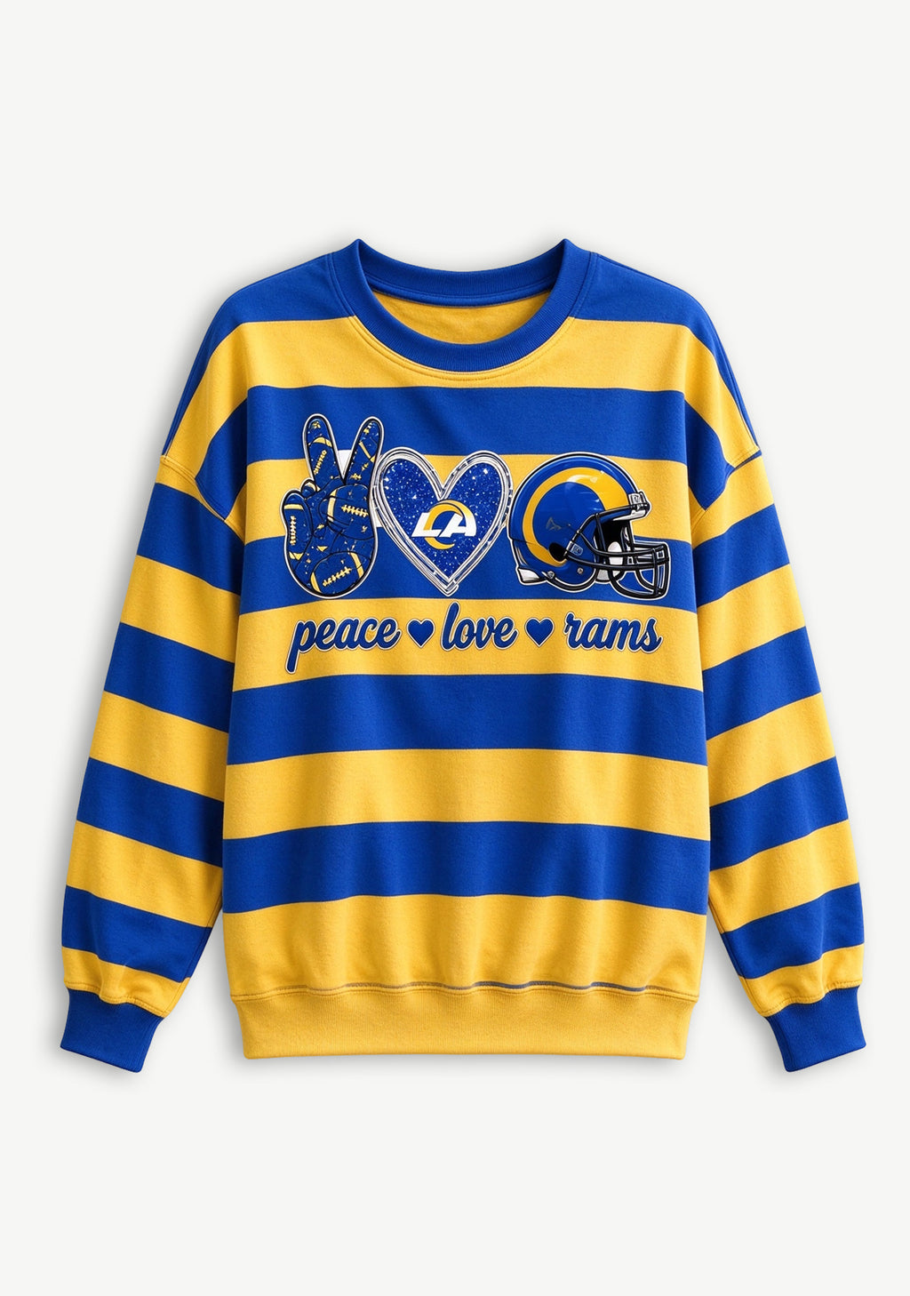 Women's Peace Love Los Angeles Rams Striped Crewneck Sweatshirt