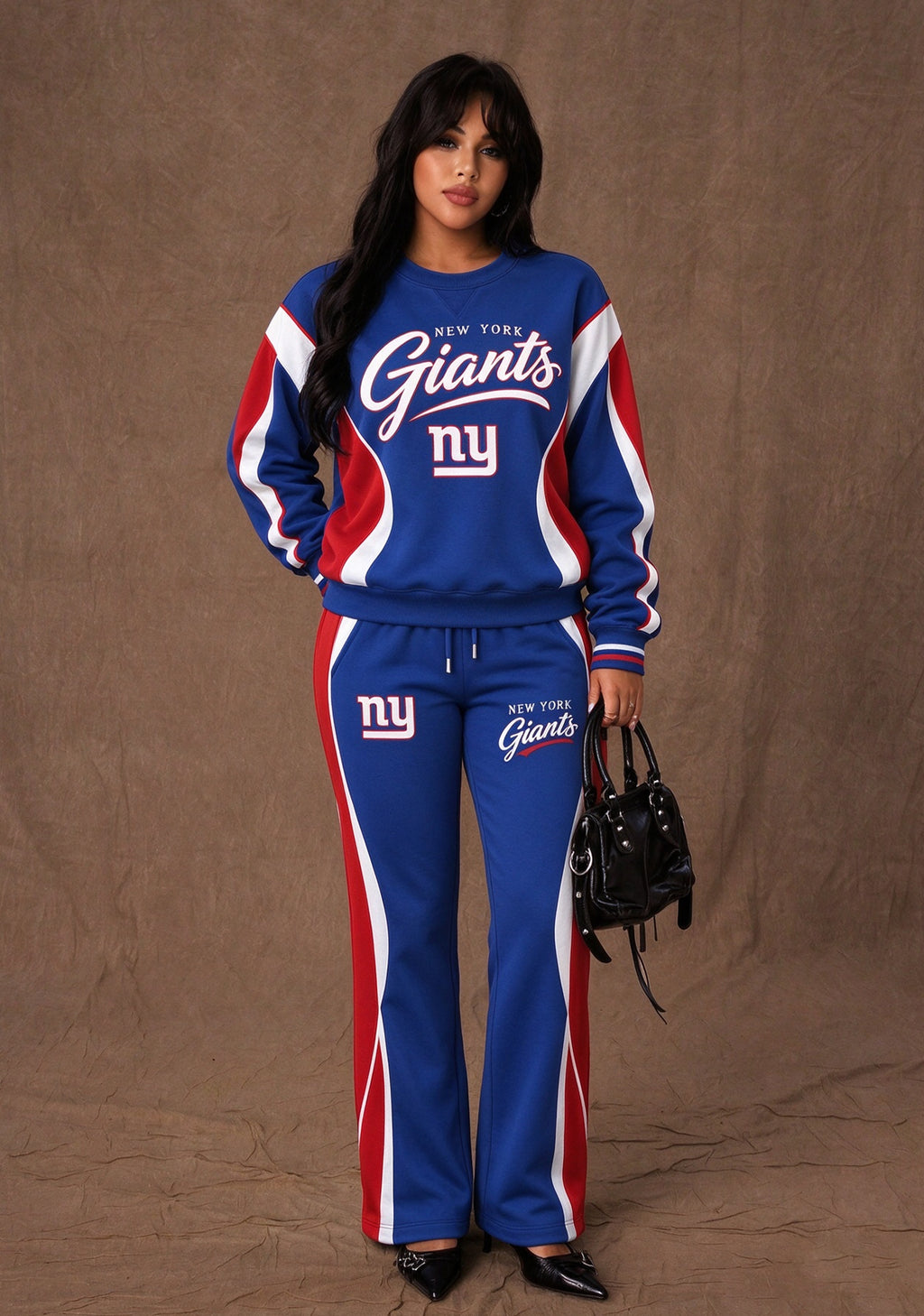 Women's New York Giants Crewneck Sweatshirt & Flared Pants 2 Piece Set
