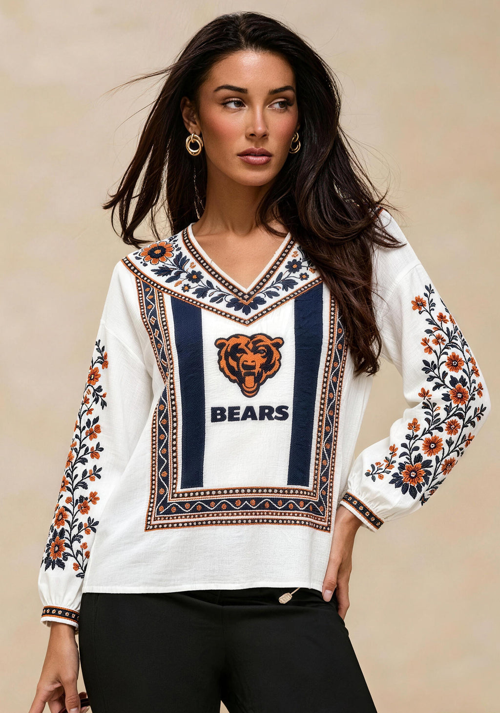 Women's Chicago Bears Boho Floral Printed V-Neck Long Sleeve Shirt