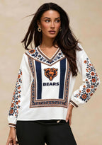 Women's Chicago Bears Boho Floral Printed V-Neck Long Sleeve Shirt