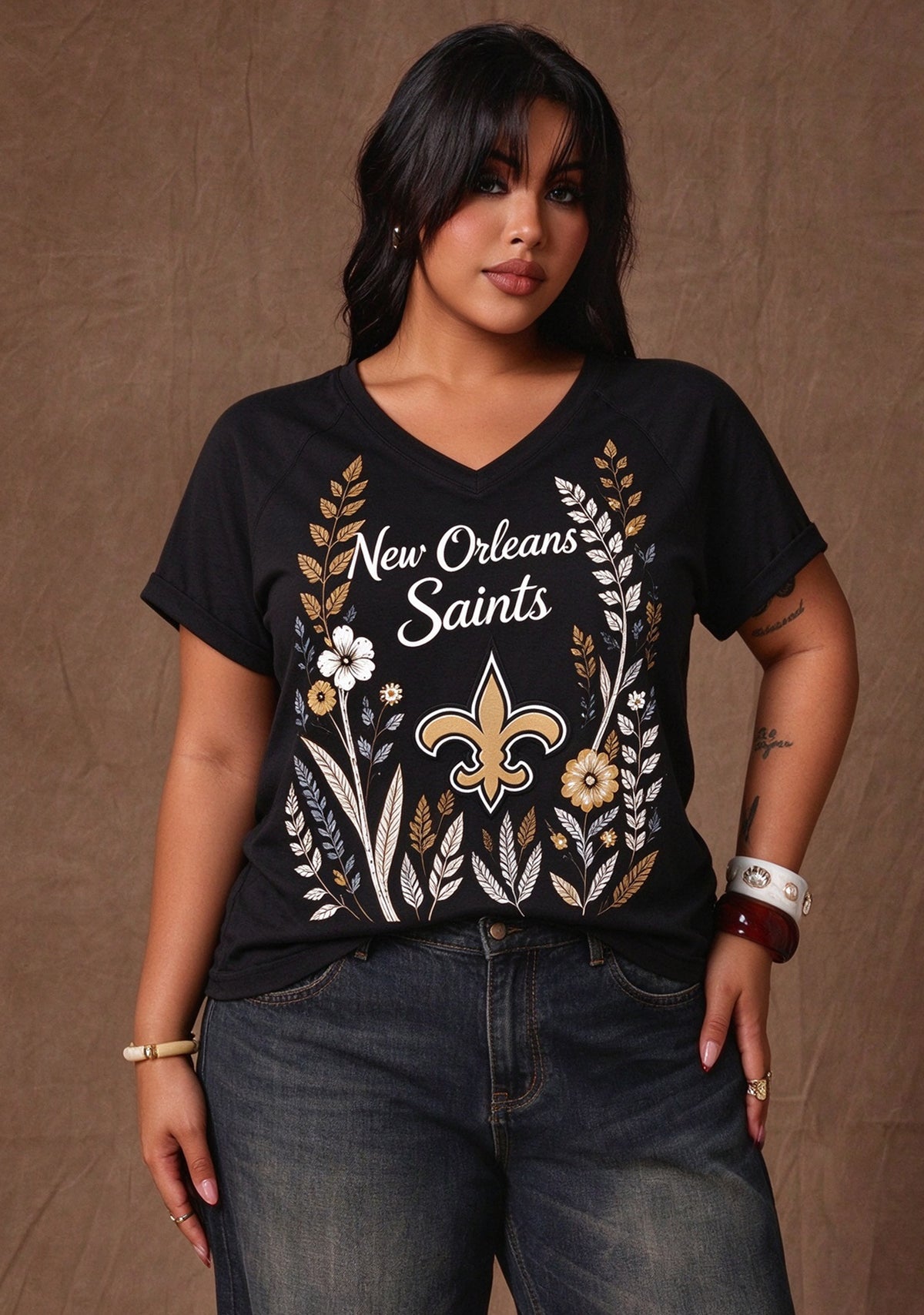 Women's New Orleans Saints Wildflower Graphic V-Neck Raglan Rolled T-Shirt Main image