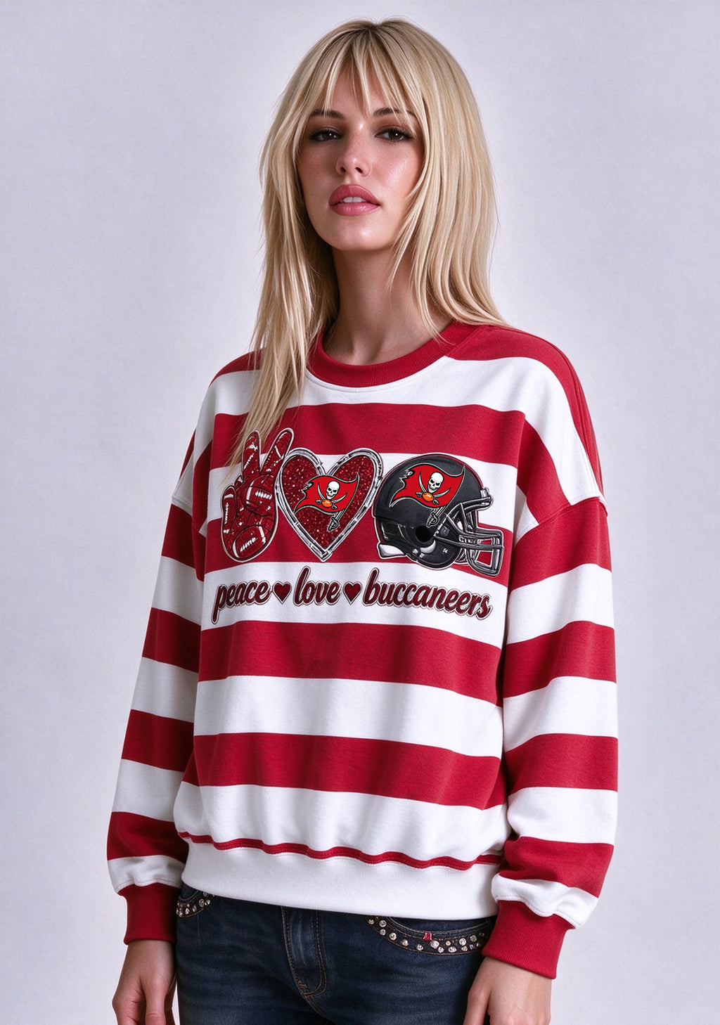 Women's Peace Love Tampa Bay Buccaneers Striped Crewneck Sweatshirt