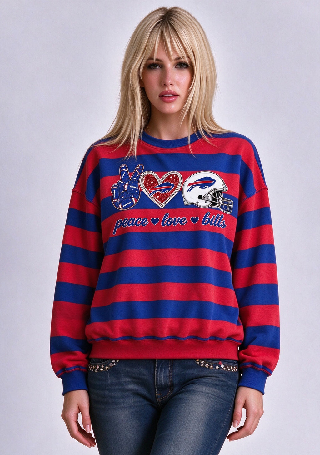Women's Peace Love Buffalo Bills Striped Crewneck Sweatshirt