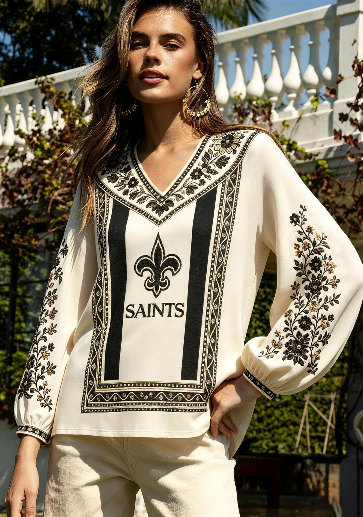 New Orleans Saints Boho Floral Printed V-Neck Long Sleeve Shirt