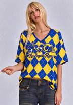 Women's Los Angeles Rams Argyle #1 Fan Heart Helmet V-Neck T-Shirt
