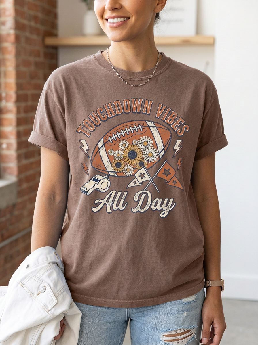 Women's Football Sunflower Touchdown Vibes Printed T-Shirt