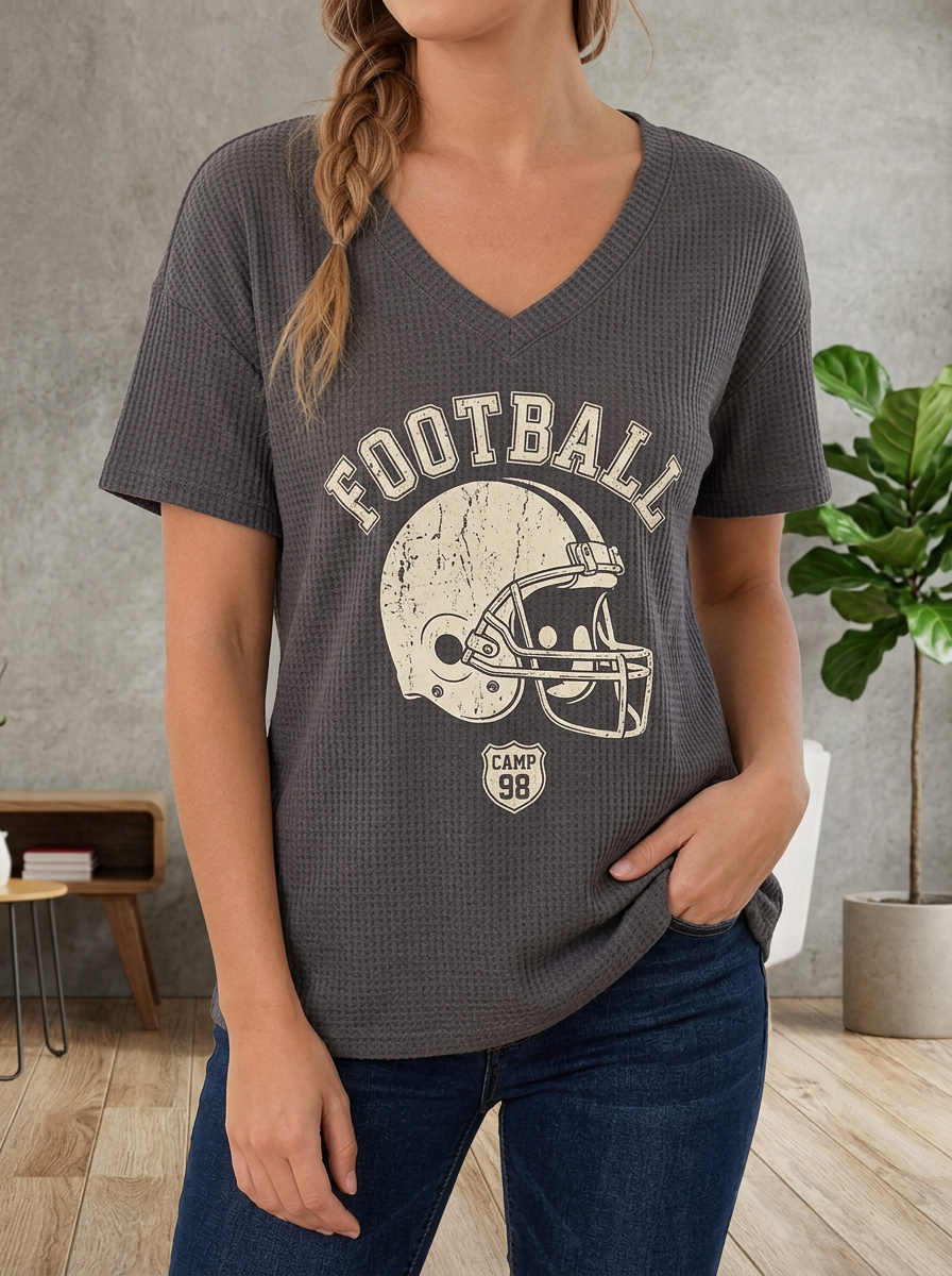 Women's Football Lover Helmet Camp 98 Printed Waffle Top