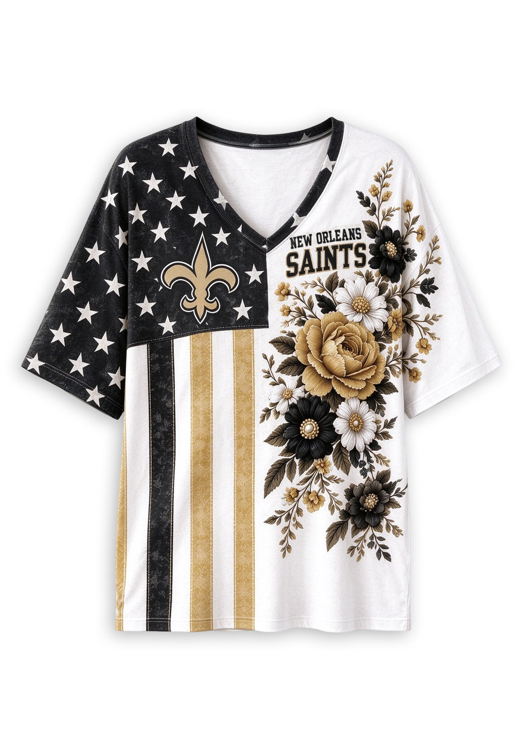 Women's New Orleans Saints American Flag Floral V-Neck T-Shirt