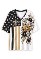 Women's New Orleans Saints American Flag Floral V-Neck T-Shirt