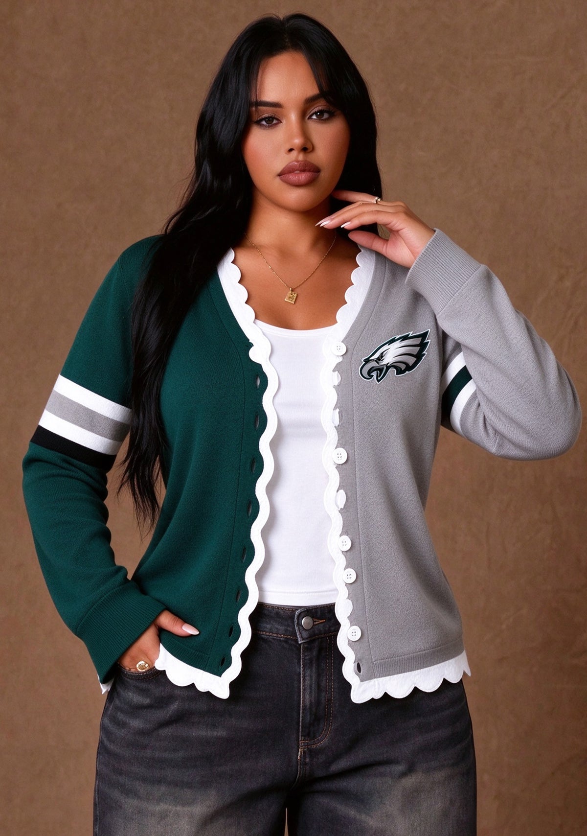 Women's Philadelphia Eagles Color Block Scalloped Trim V-Neck Button Cardigan Main image