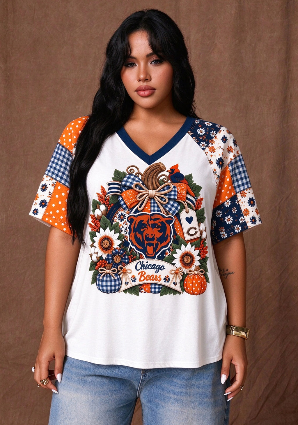 Women's Chicago Bears Patchwork Sleeve V-Neck Raglan T-Shirt