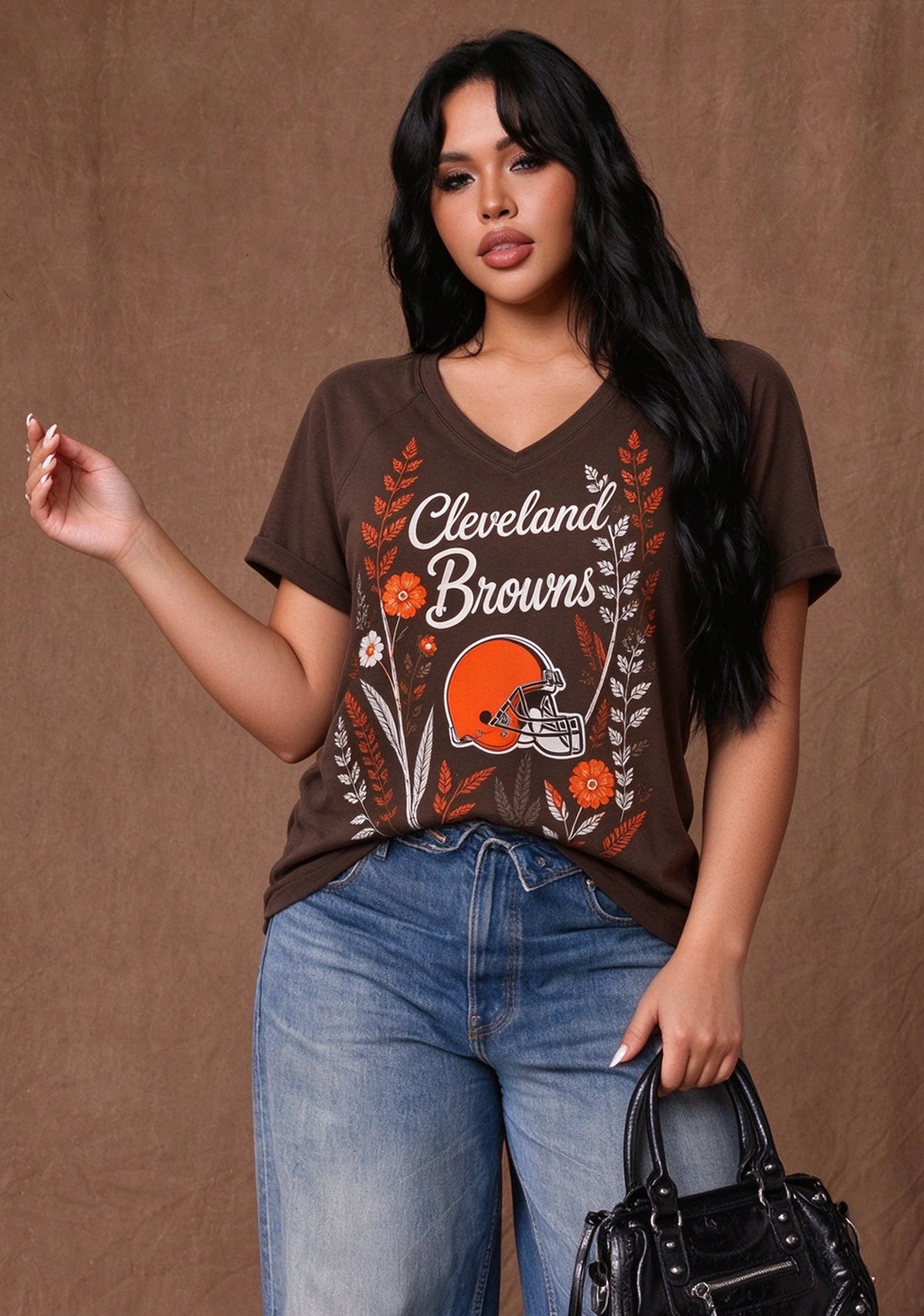 Women's Cleveland Browns Wildflower Graphic V-Neck Raglan Rolled T-Shirt