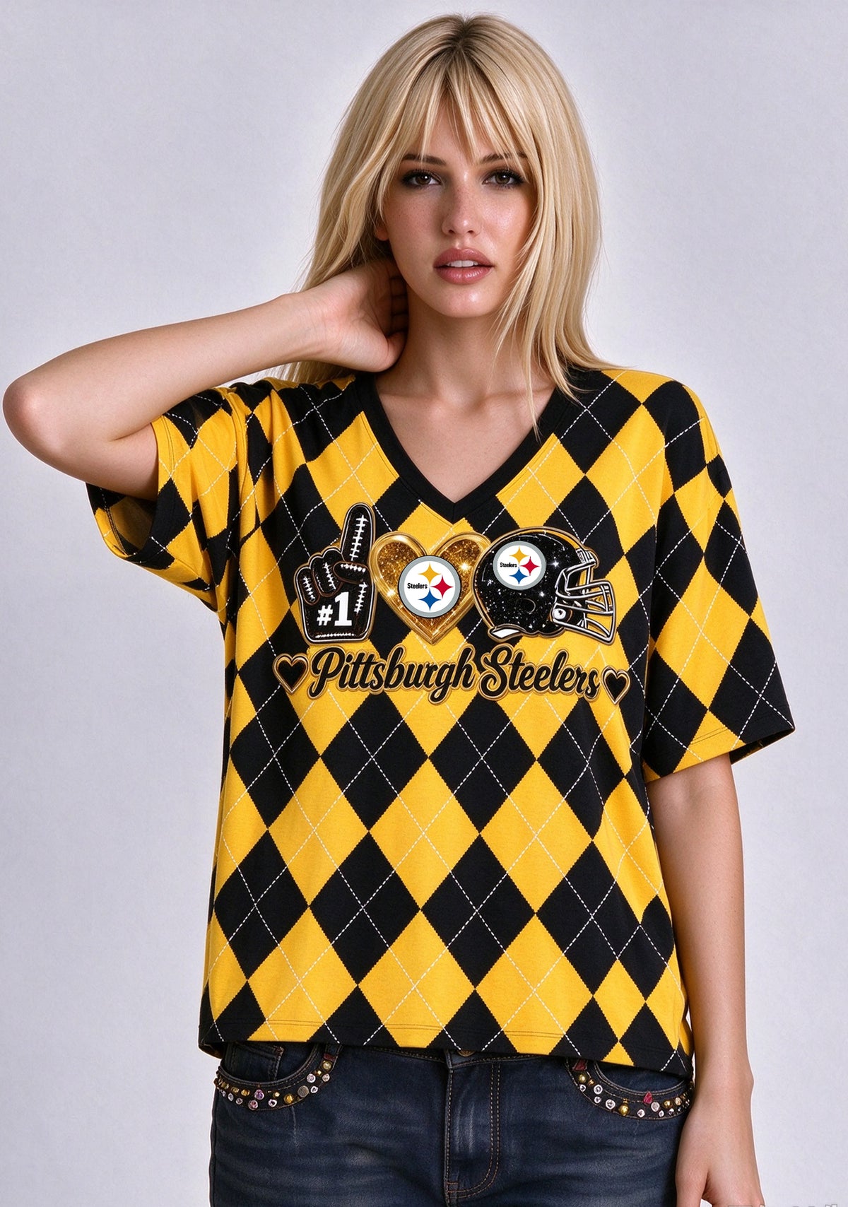 Women's Pittsburgh Steelers Argyle #1 Fan Heart Helmet V-Neck T-Shirt Main image