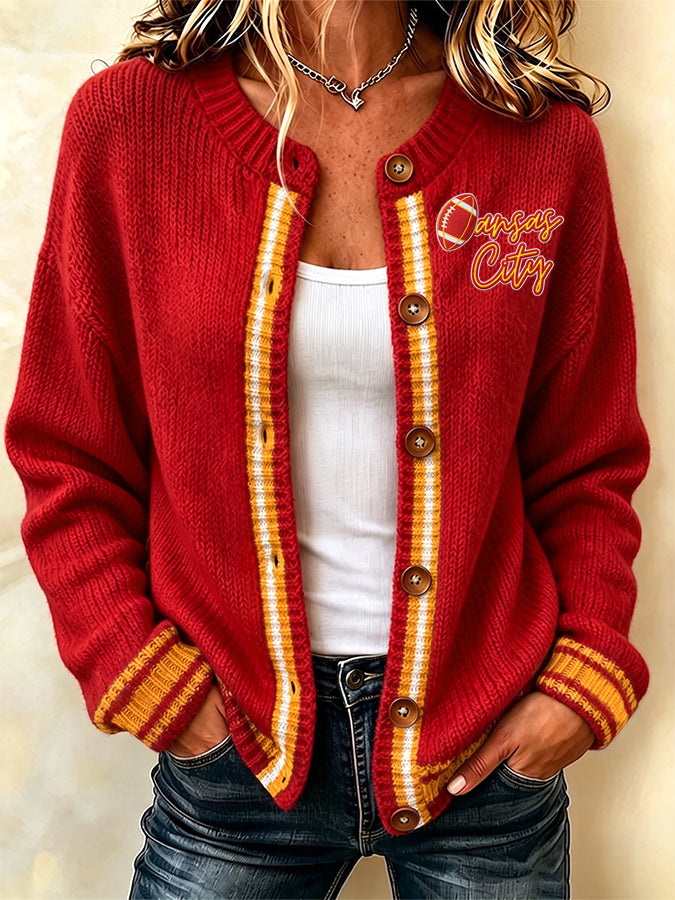 Women'S Casual Football Print Knitted Cardigan Top Main image