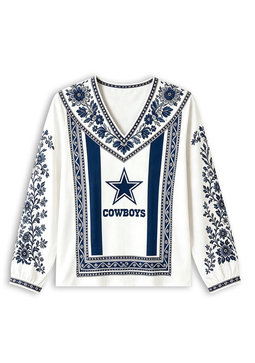 Women's Dallas Cowboys Boho Floral Printed V-Neck Long Sleeve Shirt